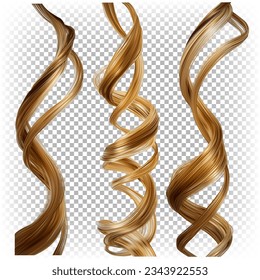 Set of vector 3d realistic illustrations of curly blond hair isolated on a transparent white background.