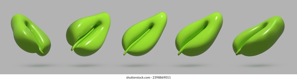 Set vector 3d render leaves, isolated on gray background. Plants icon. Nature, healthcare, herbal, organic, eco, bio. Vector illustration for postcard, icons, poster, banner, web, design, arts.
