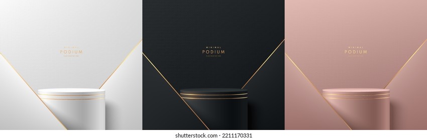 Set of vector 3D rendering with stand podium. Black, gold, silver and pink gold in luxury triangle shape background. Abstract minimal wall scene for mockup products display. Round stage for showcase.