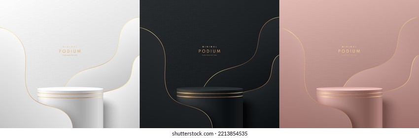 Conjunto de representación vectorial 3D con podio de soporte. Oro negro, dorado, plateado y rosa en fondo de capas onduladas. Resumen de la escena de pared mínima para la visualización de productos de maquillaje. Mesa redonda para el escaparate.