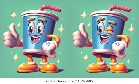 Set of Vector 3d retro character of drink coffee or juice with straw. Thumbs up gesture. Isolated vector illustration