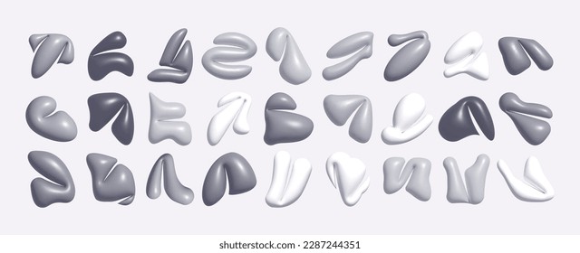 Set of vector 3d shapes and objects. cracked stones, brutalistic figures, spills, streaks, liquid forms	
