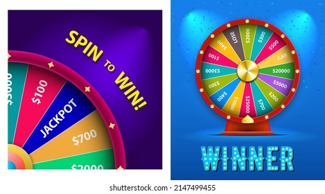 Set of Vector 3D Spinning Fortune Wheel, Realistic Style Lucky Roulette Illustration