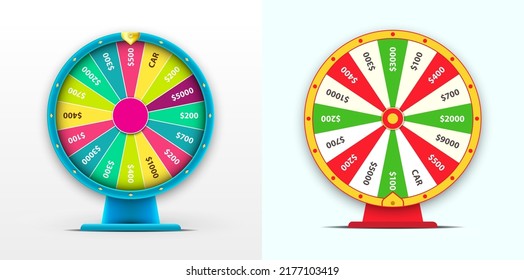 Set of Vector 3D Spinning Fortune Wheel, Realistic Style Lucky Roulette Illustration