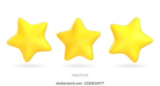 Set of vector 3d star shapes. Plasticine stars, decorative elements for festive, holiday design. Realistic 3d design cartoon style. Vector 3d illustration isolated on a white background