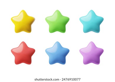 A set of vector 3D stars with rounded ends, colored in different colors for customer appreciation or decor. Ideal for reviews, achievements in cartoon style on isolated background.