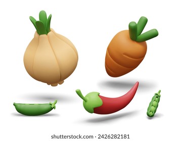 Conjunto de vegetales vectoriales 3D sobre fondo blanco. Cebolla, zanahoria, vaina de guisante verde, pimiento rojo caliente