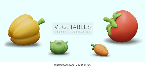 Set of vector 3D vegetables for web design. Sweet pepper, cabbage, carrot, tomato