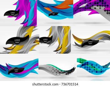 Set of vector 3d wave line abstract backgrounds, geometric minimalist wavy lines in white space