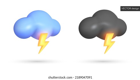 Conjunto de iconos vectoriales del tiempo 3d aislados en fondo blanco. Nube azul con sombra y resalto, rayo amarillo brillante, trueno. Ilustración vectorial para postal, banner, web, diseño, artes.