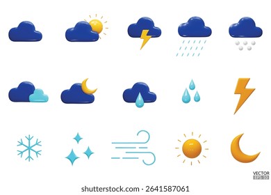 Set of vector 3d weather icon on white background. Elements for weather forecast. Sun, moon, cloud, rain, lightning, thunderstorm, snow, summer, winter, spring. Vector illustration