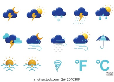 Set of vector 3d weather icon on white background. Elements for weather forecast. Sun, moon, cloud, rain, lightning, thunderstorm, snow, summer, winter, spring. Vector illustration