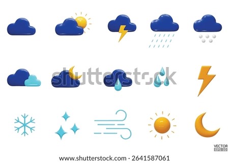 Set of vector 3d weather icon on white background. Elements for weather forecast. Sun, moon, cloud, rain, lightning, thunderstorm, snow, summer, winter, spring. Vector illustration