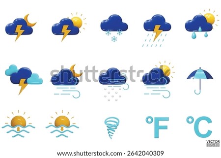 Set of vector 3d weather icon on white background. Elements for weather forecast. Sun, moon, cloud, rain, lightning, thunderstorm, snow, summer, winter, spring. Vector illustration