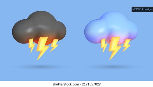 Set of vector 3d weather icons. Black and blue cloud with shadow and highlight, three yellow glowing lightning bolt, thunder. Vector illustration for postcard, banner, web, design, arts.