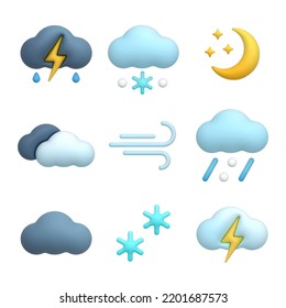 Set Of Vector 3d Weather Icons. Thunderstorm With Rain, Snow With Hail, Moon And Stars, Storm Clouds, Wind, Storm, Snow With Hail, Thunder Cloud, Snow, Snowflakes, Thunderstorm. Isolated Objects On A 