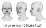 Set of vector 3d wireframe human heads. Geometric grid mesh man or woman front, profile and isometric illustration. Future high technology, artificial intelligence, science design elements