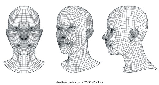 Set of vector 3d wireframe human heads. Geometric grid mesh man or woman front, profile and isometric illustration. Future high technology, artificial intelligence, science design elements