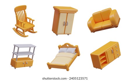 Conjunto de muebles vectoriales 3D amarillos para el hogar. Silla de roca, armario, sofá, estante, cama, cómoda. Ilustraciones aisladas en diferentes posiciones