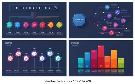 Set of vector 7 options, steps, processes infographic designs for presentations, reports, layouts, projects.