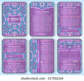 Set of vector A4 flyer template with floral mandala pattern and ornaments. Oriental layout for use as brochure, booklet, company annual report, leaflet, corporate presentation, product advertise.