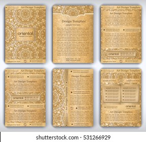 Set of vector A4 flyer template with floral mandala pattern and ornaments. Oriental gold layout for use as brochure, booklet, company annual report, leaflet, corporate presentation, product advertise