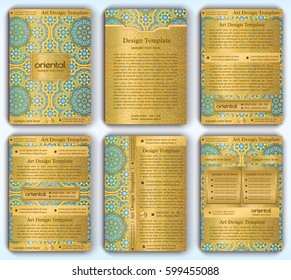 Set of vector A4 flyer template with floral mandala pattern and ornaments. Oriental gold layout for use as brochure, booklet, company annual report, leaflet, corporate presentation, product advertise