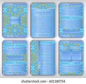 Set of vector A4 flyer template with floral mandala pattern and ornaments. Oriental blue layout for use as brochure, booklet, company annual report, leaflet, corporate presentation, product advertise