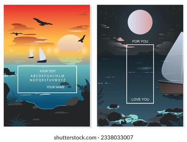 Set of vector A4 landscape background. hand free illustration of sunset and full moon summer beach. Summer holidays card, poster or banner design template
