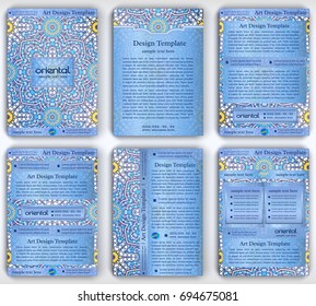 Set of vector A4 vintage card with floral mandala pattern and ornaments. Oriental blue templates for brochure, flyer or booklet. Front and back page. Elegant layout. Indian or Arabic motive.