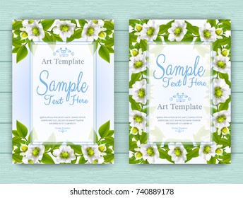 Set of vector A5 flyers with white flowers and tree twigs. Realistic floral templates for wedding invitation or greeting card. Layout for cosmetic products, tea or other food packages, gift wraps