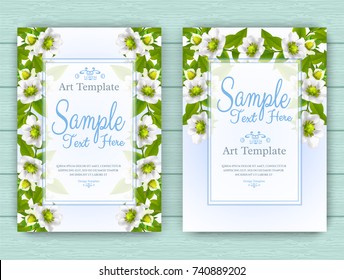 Set of vector A5 flyers with white flowers and tree twigs. Realistic floral templates for wedding invitation or greeting card. Layout for cosmetic products, tea or other food packages, gift wraps