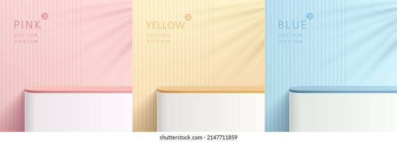 Set of vector abstract 3D room with pedestal podium. Realistic Yellow, Pink, blue and white geometric forms collection. Pastel minimal scene for mockup products, Stage for showcase, Promotion display.