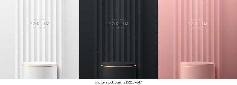 Set Of Vector Abstract 3D Room With Luxury Cylinder Stand Or Podium. Pink Gold, Black, Gold And Silver White Geometric Forms. Minimal Scene For Mockup Products, Stage For Showcase, Promotion Display.