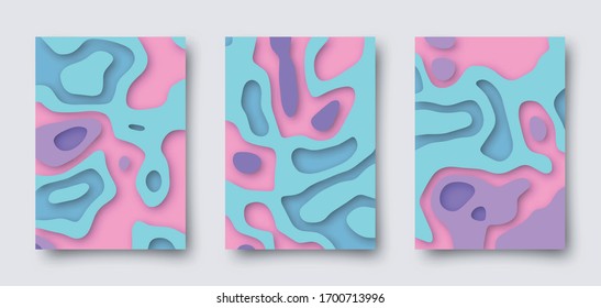 Set of vector abstract 3D templates. A4 backgrounds in paper cut style for your design.