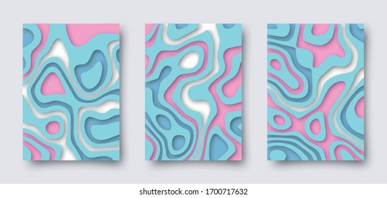Set of vector abstract 3D templates. A4 backgrounds in paper cut style for your design.