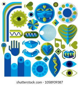 Set of vector abstract art symbols, different modern style graphic elements collection like odd creatures and monsters, heart shapes, musical notes and hand gestures. 