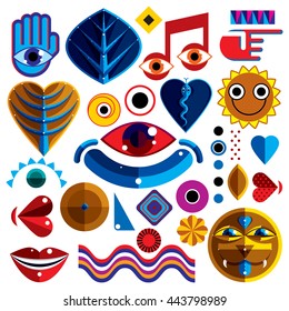 Set of vector abstract art symbols, different modern style graphic elements collection like odd creatures and monsters, heart shapes, musical notes and hand gestures. 