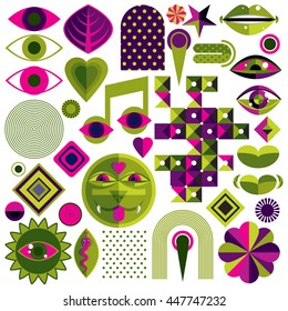 Set of vector abstract art symbols, different modern style graphic elements collection like odd creatures and monsters, heart shapes, musical notes and hand gestures. 