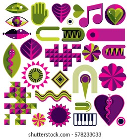 Set of vector abstract art symbols, different modern style graphic elements collection like odd creatures and monsters, heart shapes, musical notes and hand gestures. 