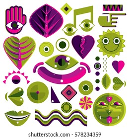 Set of vector abstract art symbols, different modern style graphic elements collection like odd creatures and monsters, heart shapes, musical notes and hand gestures. 