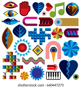 Set of vector abstract art symbols, different modern style graphic elements collection like odd creatures and monsters, heart shapes, musical notes and hand gestures. 