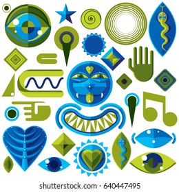 Set of vector abstract art symbols, different modern style graphic elements collection like odd creatures and monsters, heart shapes, musical notes and hand gestures. 