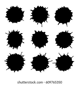 Set of vector abstract artistic paint splashes and drops. Black ink blots over white background.
