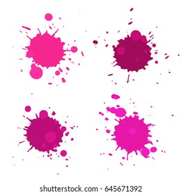 Set of vector abstract artistic paint splashes and drops. Pink ink blots isolated over white background.
