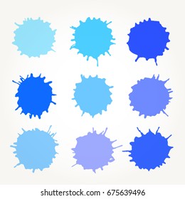 Set of vector abstract artistic paint splashes and drops. Blue hues ink blots over white background.