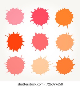 Set of vector abstract artistic paint splashes and drops. Red and orange ink blots over white background.