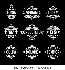 set vector abstract aztec native ethnic monochrome  hipster minimal geometric frame, border, label, logo, badge, monogram or crest for flyer, poster, tattoo or t-shirt print