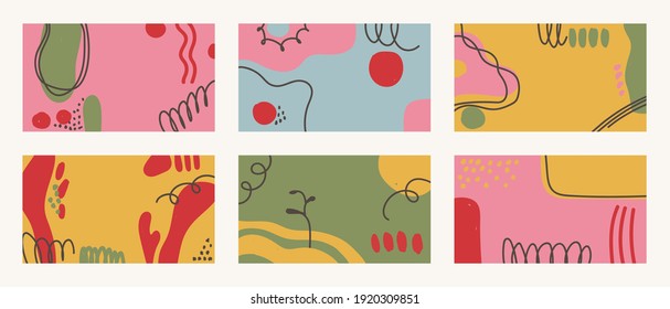 Set of vector abstract backgrounds 16x9. Modern trendy illustrations in doodle style. Multicolor hand drawn spots and lines.