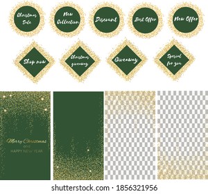 Set of vector abstract backgrounds for Christmas and New Year sale with label tag set. Design for social media, story, card, invitation, feed post. Falling gold dust